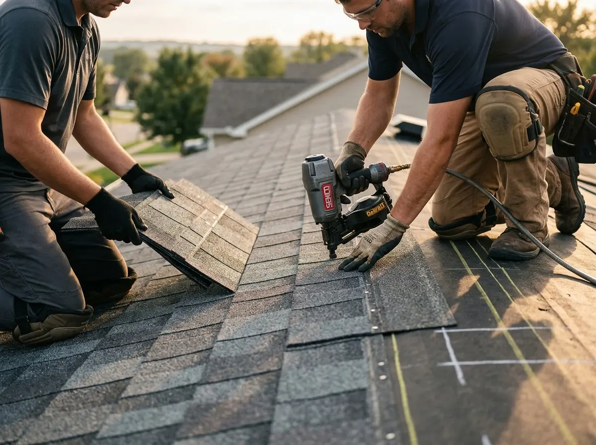 Professional roofer working on a residential roof in Lake Arbor
